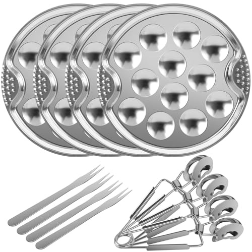 SYCEES Juego 12 Piezas Acero Inoxidable para Caracoles | 4 Platos para Caracoles 12 Agujeros Ø19cm, 4 Pinzas para Caracoles, 4 Tenedores, Perfecto para Ostras y Mariscos