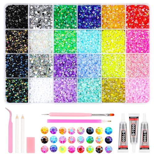 24 Colours Bedazzling Kit 22000 Pcs Flatback Resin Rhinestones With 3 Glues | 3mm Bedazzler Kit With Tweezers & Pen For DIY Crafts, Clothing, Nail Art And Diamond Painting