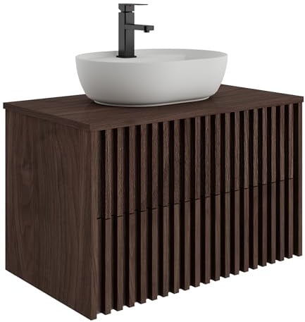 UEV Waschtisch mit Unterschrank, Waschbecken hängend 81cm, Dunkelbraun | Waschbeckenunterschrank Badmöbel Set, Ovaler Waschbecken aus Keramik, ausreichend Stauraum Platzsparender Badezimmmer Möbel