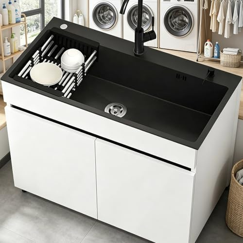 Fregadero Autoportante Exterior con Mueble de Aluminio Panal de Abeja, Lavabo de Acero Inoxidable con Grifo Mezclador y Dispensador de Jabón, para Garaje o Jardín, Blanco,80x45x85 cm