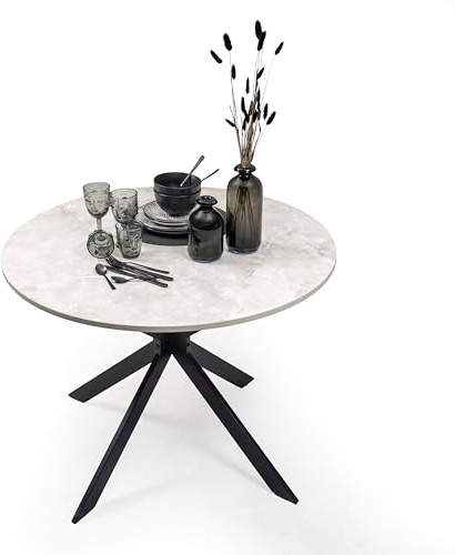Homely® | Mesa Redonda de Comedor Core 100 cm | Mesa Moderna Industrial con Patas Metálicas Negras y Tapa Melamina Color Cemento | Cocina, Salón u Oficina