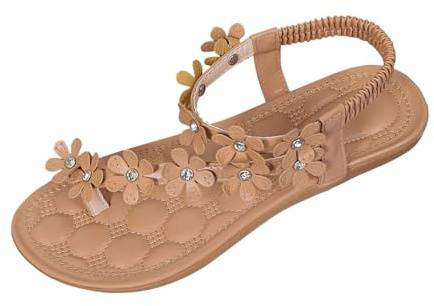 Boho Sandalen Damen Flache Sandalen Damen, Zehentrenner Mit Fussbett Bequem Elegant Flip Flops Weichen Offene Sommerschuhe Strandschuhe Einfarbiger Modischer Blumenstil