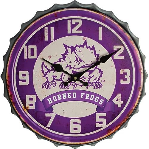 Hanna's Handiworks Texas Christian University NCAA Bottle Cap Clock Vintage Metal Wall Art– Show Your Big 12 Team School Spirit in Your Man Cave, Dorm, Bedroom, College Apartment with TCU Fan Décor