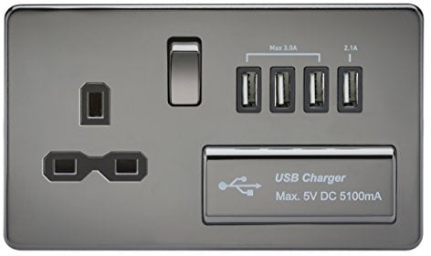 Knightsbridge SFR7USB4BN Screwless 1G 13A Switched Socket with Quad USB Charger 5V Dc 5.1A Nickel with Black Insert