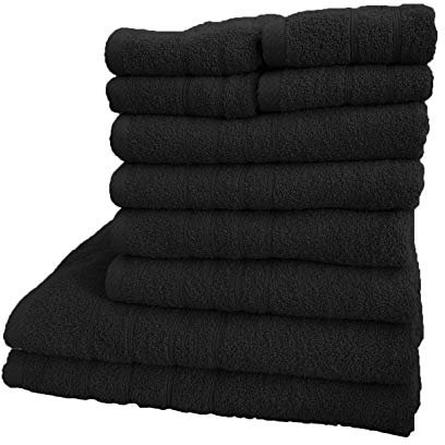 Arle-Living 10 TLG. Frottee Handtuch Set - 2 Duschtücher 4 Handtücher 4 Gästetücher 100% Baumwolle - Streifen Bordüre (schwarz/Black/Noir)