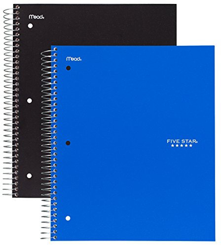 Five Star Spiral Notebooks, 3 Subject, Wide Ruled Paper, 150 Sheets, 10-1/2 x 8, Black, Blue, 2 Pack (73033)