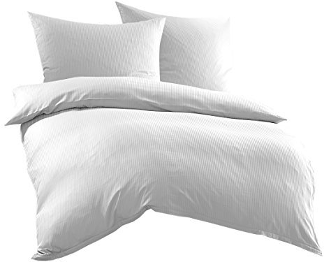 Bettwaesche-mit-Stil Mako-Satin Damast Streifen Bettwäsche Linea 4mm 100% Baumwolle gestreift (240cm x 220cm + 2X 80cm x 80cm, Weiß)