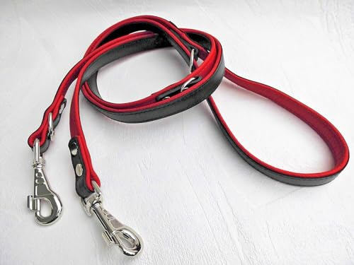 HUNDELEINE Führleine Leine Echt Leder *220cm/20mm, Schwarz-ROT, 3xVerstellbar (11.2.1354)