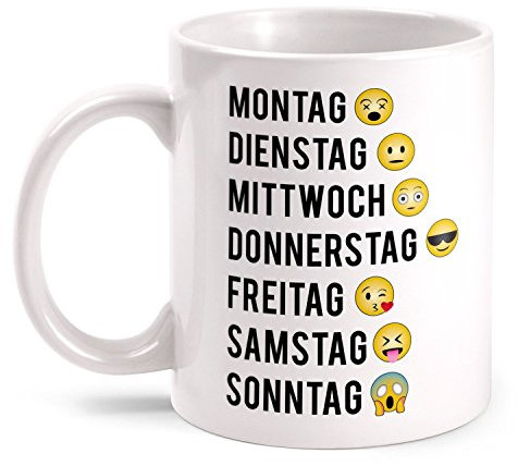 Fashionalarm Tasse Smileys Wochentage beidseitig bedruckt mit lustigem Motiv | Geschenk Idee Kollegen PC Arbeit Büro Kaffee Emo-Jis Wochenende, Farbe:weiß