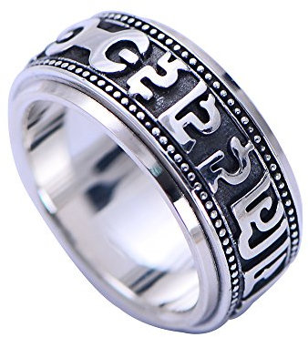 ForFox Herren Damen Schwarz 925 Sterling Silber Buddhismus Om Mani Padme Hum Mantra Spinner Ring Band 10mm Größe 55