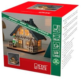 Konstsmide 3232-100 - Casetta in legno con tetto grigio, per uso interno (IP20), 2 diodi bianchi caldi, funzionamento a batteria: 3 x AA 1,5 V (escl.)