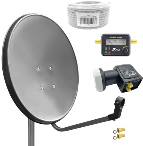 60cm HD Sat Anlage Twin LNB + 15m Koaxialkabel 135dB + Satfinder + 2 F-Stecker Digital 2 Teilnehmer Antenne grau UHD 4K