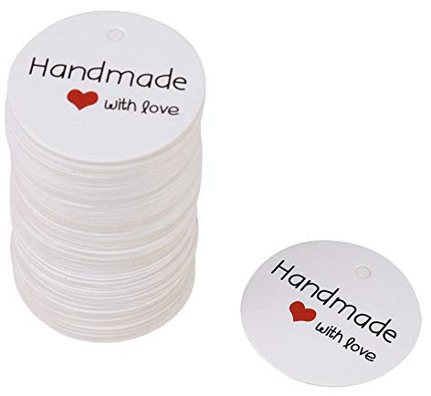 Kraftpapier Anhänger Etiketten Weiß rund Papier Geschenkanhänger Preisschilder für DIY Handwerk Dekor100pcs(Handmade with Love)