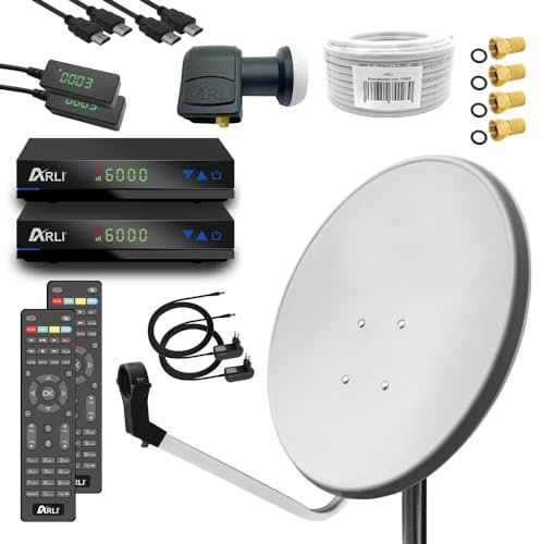 ARLI HD digital Sat Anlage 60 cm Weiß/Lichtgrau Komplettset für 2 Teilnehmer komplett inkl. 2X Receiver DVB-S2 + Twin LNB + 50 m Koaxialkabel + 4X F-Stecker Satellitenschüssel UHD (4K / 8K) 3D