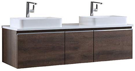 StoneArt Badmöbel Set Mineralguss Waschbecken Waschschale Aufsatzwaschbecken und Unterschrank Waschtisch Einzel- oder Doppelwaschbecken Milano ME-1600pro-5 Eiche dunkel 160cm