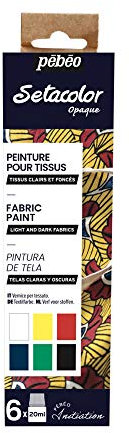 Pébéo Setacolor Textilfarben Starter Set - 6 x 20 ml Deckende Stofffarben - Auf Wasserbasis - Waschfest nach Fixieren - 6 Intensive Farben: Weiß, Gelb, Zinnoberrot, Jeans-Blau, Blattgrün, Schwarz