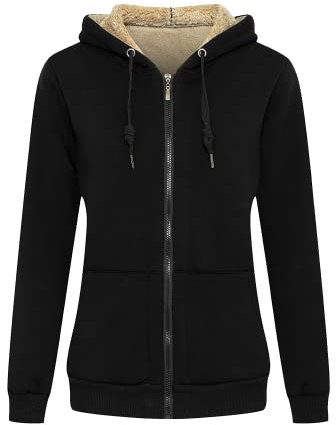 LBL Veste Polaire Femme Chaud Doublure Polaire Zippée à Capuche Sweat-Shirt Manches Longues pour Hiver Noir S