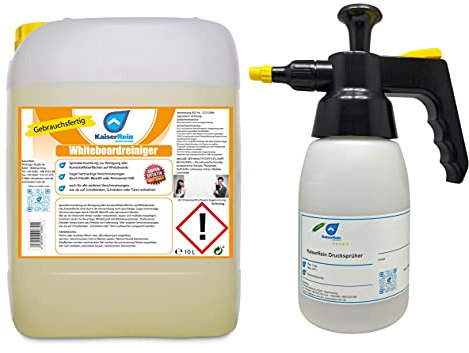 KaiserRein Whiteboard Reiniger Spray im10L Kanister (10.1kg Inhalt) und leerer Pumpdrucksprüher 1,5L Abd. ähnlich I Whiteboardreiniger gegen permanent Stifte I Tafelreiniger zum nachfüllen