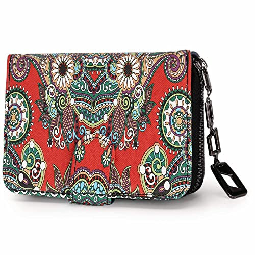 Geldbeutel Damen klein im Kurzformat, Geldbörse Damen mit Blumen und Blüten Muster im Mandala und Ethno Stil, Portemonnaie mit Reißverschluss und Druckknopf und vielen Fächern (Saflor).