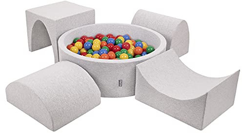 KiddyMoon Spielplatz Aus Schaumstoff Mit Rund Bällebad (200 Bälle) Ballgruben Für Babys Spielbad Hindernisläufen, Hergestellt In EU, Hellgrau:Gelb/Grün/Blau/Rot/Orange
