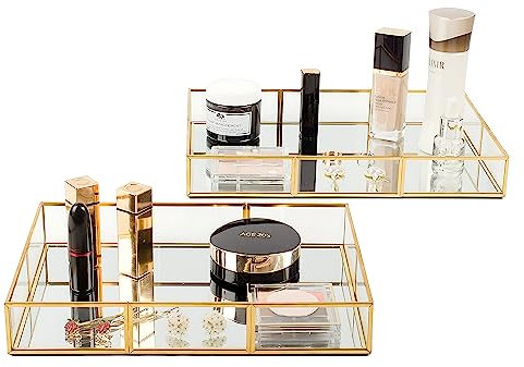 Set di 2 vassoi dorati per profumi, vassoio rettangolare a specchio con telaio in metallo, vassoio decorativo per comò, gioielli da bagno o decorazione per la casa (L+S)