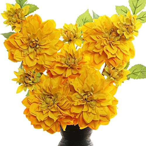 GLSATEMAN Künstliche Seidenblumen, Dahlie, 61 cm, langer Stiel, 5 Stück, geeignet für Hochzeitsdekoration, Blumensträuße, Kerndekoration, Heimtextilien (gelb)