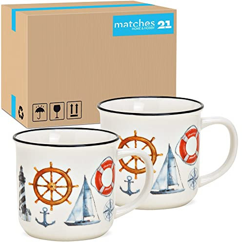 Tassen 36er Set in Emaille Anker und Leuchtturm Motiv - Schöne Porzellan Kaffeetassen in 330ml für Cappuccino Kaffee Tee - Außergewöhnliche Kaffeebecher spülmaschinenfest und mikrowellengeeignet
