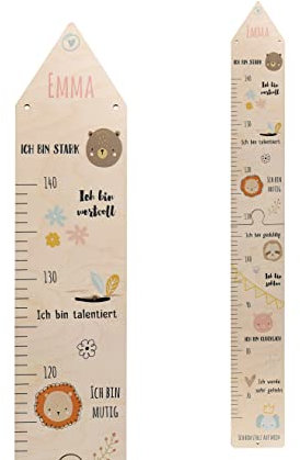 Personalisierte Kinder Holz Messlatte 'Affirmation' aus Birkenholz mit Wunschnamen, Messlatte Kind Motiv Tierköpfe mit bestätigenden Sprüchen, ca. 15 x 100 cm