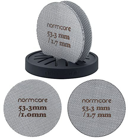 Normcore Puck-Sieb, 2 Stück, 53,3 mm, mit Ständer, wiederverwendbares Kontakt-Duschsieb mit Silikonhalter, 1,7 mm/1,0 mm Dicke, 150-μm-Sieb, kompatibel mit 54 mm großem Siebträgerkorb