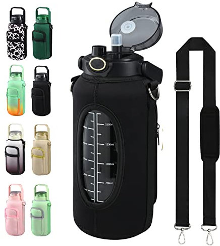 1,8 l Glas-Wasserflasche mit Strohhalm und Zeitmarkierung, motivierende Wasserflasche mit schützender Aufbewahrungshülle und Gurt, 2 l auslaufsicherer Borosilikat-Wasserkrug für Fitnessstudio
