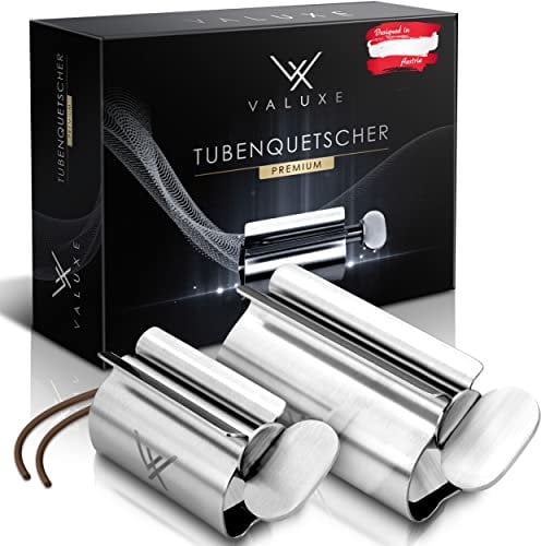 VALUXE® Premium Tubenquetscher [2 Größen] – Zahnpasta Ausdrücker aus Edelstahl – Effektive Tubenpresse – inkl. Aufhängeschlaufe – Restloses Ausdrücken garantiert