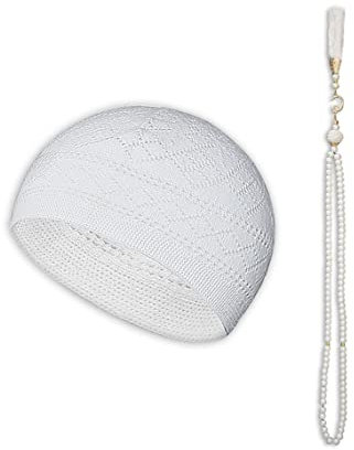 ESERRA Kufi Hüte für Männer Muslim Gebetsmütze Handwerk Taqiyah Taqiyah Taqiyah Cap Muslim Tasbih 99 Perlen Muslimische Gebetskette, Weiss/opulenter Garten, Einheitsgröße