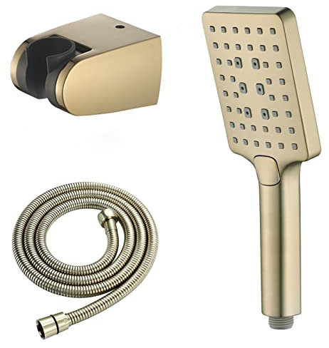 Yalsfowe Pommeau de douche à main or brossé, pommeau de douche haute pression avec tuyau et support, douchette carrée 3 modes, pommeau de douche amovible