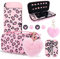 DLseego Custodia Trasporto Compatibile con Switch OLED,Set Stampa Leopardo Custodia Portatile Rigida Guscio Silicone Protettiva Cover,Tappi l'impugnatura Pollice e Charm a Forma Cuore in Peluche,Rosa