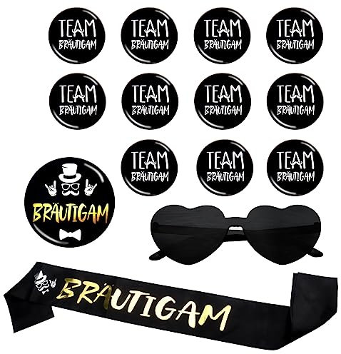 DAWRIS JGA Deko Männer, Junggesellenabschied Männer Accessoires mit 1 Bräutigam JGA Schärpe 1 Bräutigam JGA Buttons 1 JGA Brillen 11 Team Bräutigam JGA Buttons für Junggesellenabschied Engagement