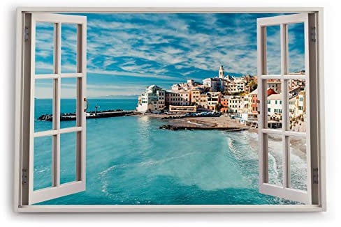Paul Sinus Bilder Fensterblick 120x80cm Bogliasco Italien Küstenort Meer Strand Sommer Kunstdruck Wanddeko Wand Wohnzimmer
