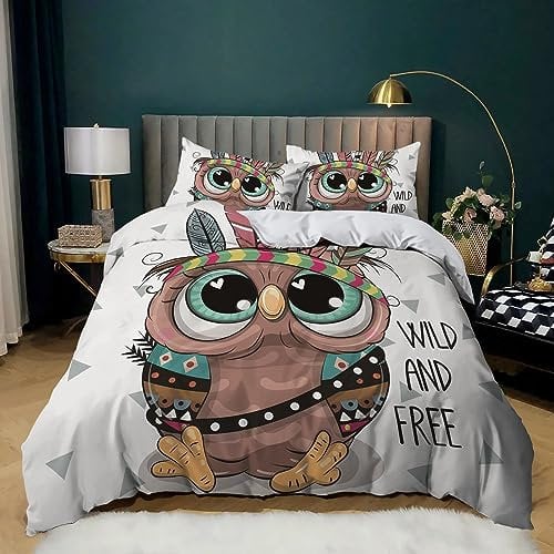 XCQHZYQ Bettwäsche 155x220 cm Cartoon Eule, Bettbezug 3teilig Weiche Allergiker Microfaser Bettwäsche-Sets, Deckenbezug mit Reißverschluss und 2 Kissenbezüge 80x80cm
