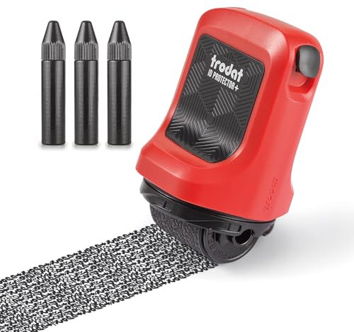 Trodat ID Protector+ Ink Roller, Timbro Rullo di Inchiostro 3 in 1, Protezione Dati dal Furto di Identità, Apri-Lettere e Lama Apri-Pacchi Integrati, Rosso Inchiostro Nero, con 3 Ricariche Inchiostro