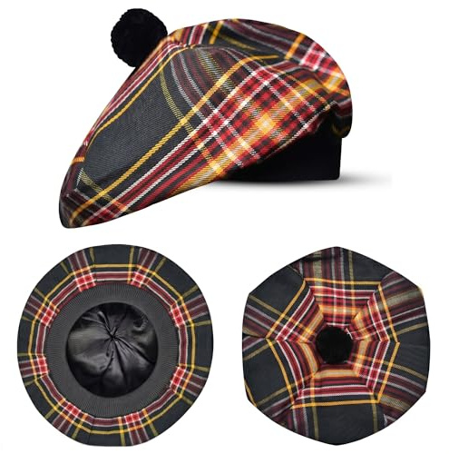 H HIGHLAND REDSTONE Scottish Hat Tam o Shanter Scottish Bonnet Tartan hat Acrylic Wool with Pompom