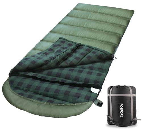 Poepore XXL Schlafsack Outdoor für Erwachsene 3–4 Jahreszeiten Baumwolle Flanellfutter Camping Schlafsäcke Winter Deckenschlafsack Wasserdichter und Warmer 230 x 90CM Grün