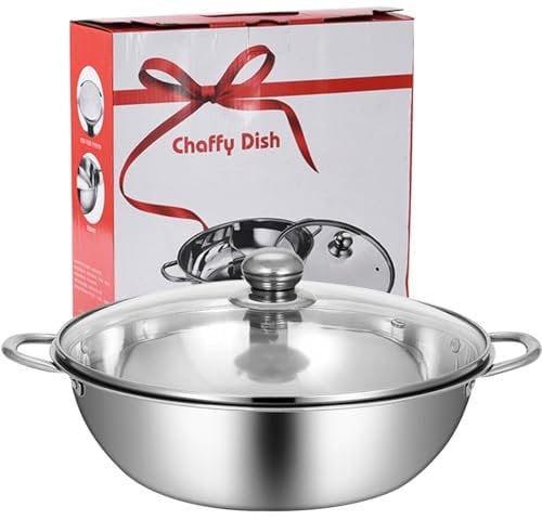 Stainless Steel Hot Pot with Divider - 12.6 Inch Dia. Dual Sided Pot for Induction Cooktop & Gas Stove - Glass Lid