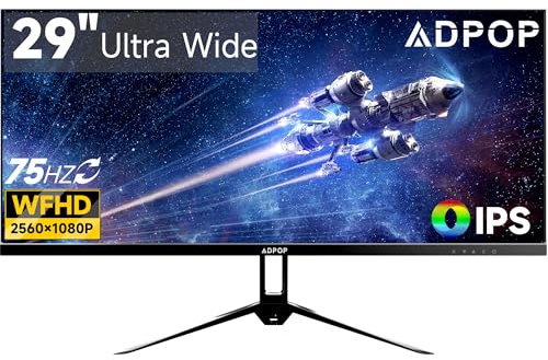 ADPOP Monitor 29 UltraWide 21:9 LED IPS HDR Del Computer WFHD 2560 x 1080 75Hz 21:9 per la Casa, l'ufficio e i giochi, FreeSync, HDMI, DP, HDR, Altoparlanti Integrati, Montaggio VESA