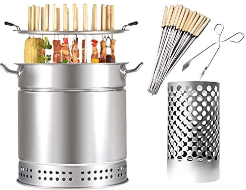 Parrilla de barril ahumador de carbón sin humo, horno dividido de acero inoxidable con 50 brochetas Kabob, tostado completo de 360°, separación de carbón de aceite, estufa colgante vertical para