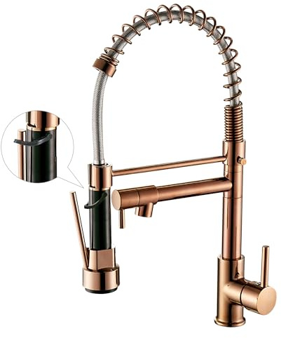 Grifo de cocina con rociador desplegable de arco alto de un solo mango para fregadero de cocina, oro rosa