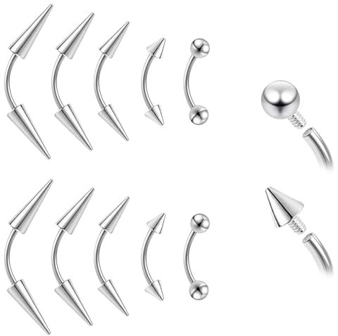 ZS Augenbrauen-Piercing-Schmuck, Innengewinde, gebogen, vertikal, Labret-Lippenringe, Spikes, Tragus, Helix, Ohrring, Nasenbrückenringe, 10 Stück, 16 G/18 G, 16g,L:6mm, Edelstahl, Kein Edelstein