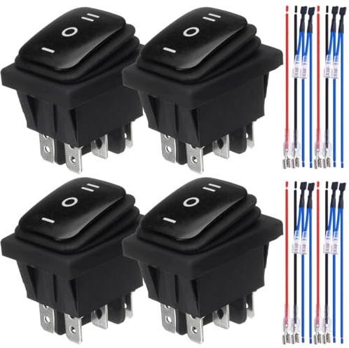 MKBKLLJY Lot de 4 interrupteurs d'inversion de polarité étanches 20 A 12 V DC 16 A 250 V/20 A 125 V AC DPDT 6 broches 3 positions ON/OFF/ON Interrupteur à bascule avec fils de raccordement pour