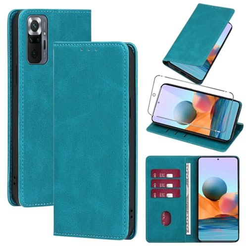 Vauki Hülle Leder für Xiaomi Redmi Note 10 Pro 4G Handyhülle mit 1 Schutzfolie, Standfunktion Kartenfach Wallet Schutzhülle Flip Case Cover Stoßfeste Klapphülle für Redmi Note 10 Pro 4G 6.67Hellblau