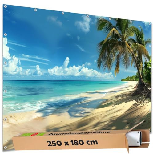 TRIOSK Sichtschutz Garten Deko Zaun Plane Blickdicht groß mit Zaunblende Motiv Karibikstrand Meer Palmen Strand für Zaunelement Doppelstabmatten Stabmattenzaun Gartenzaun PVC 250x180 cm