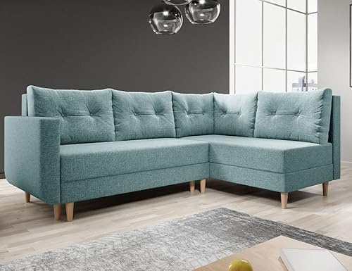 Easy4You Ecksofa Baldur L-Form Minze – 235x93x145 cm - Schlafsofa mit Bettkasten und Schlaffunktion - Eckcouch mit Stauraum, Holzfüße und Kissen – Links – Stoff Lux 29