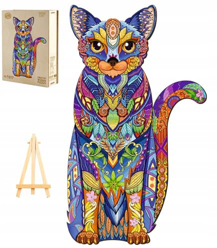 PASJO - Holzpuzzle Erwachsene mit Katzemotiv 239 Teile 40x23,2 cm - Geschenkidee für Kinder - Holz Puzzle Katze - Einzigartige Tierförmige Holz-Puzzle - Creative Jigsaw aus Holz für Erwachsene
